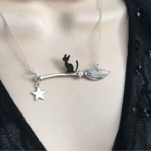 Goth Witchy Cat on Broom Necklace with hanging star, Silver and Black